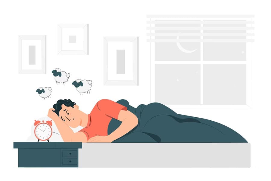 Илюстрация на мъж в леглото, който брои овце до будилник през нощта