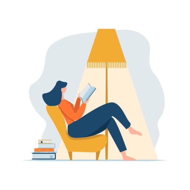 Илюстрация на жена, четяща книга в кресло под лампа