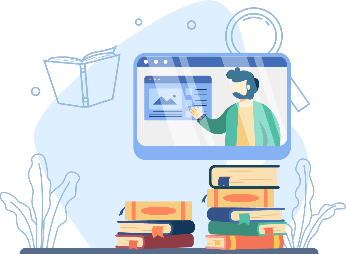 Илюстрация на преподавател на екран на компютър до купчини книги – видове хипноза