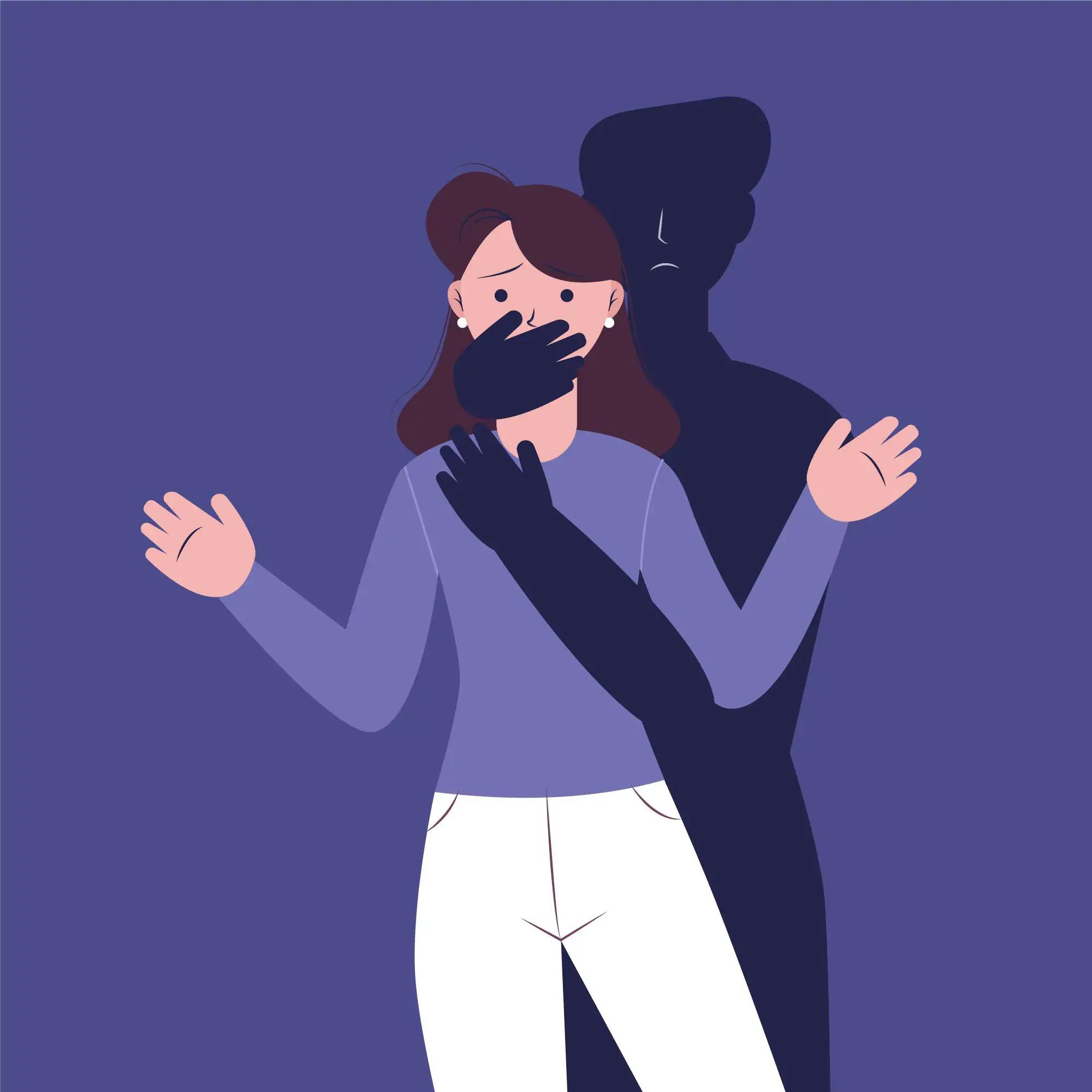 Илюстрация на уплашена жена, на която тъмна сянка запушва устата – токсична връзка