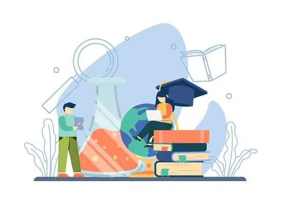 Илюстрация на студенти с книги, глобус и колба – учене и познание