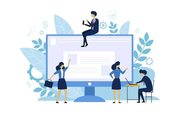 Илюстрация на хора, които работят около голям компютърен екран