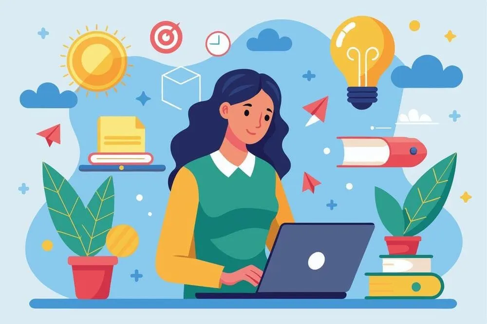 Илюстрация на усмихната жена, която работи на лаптоп сред книги и идеи
