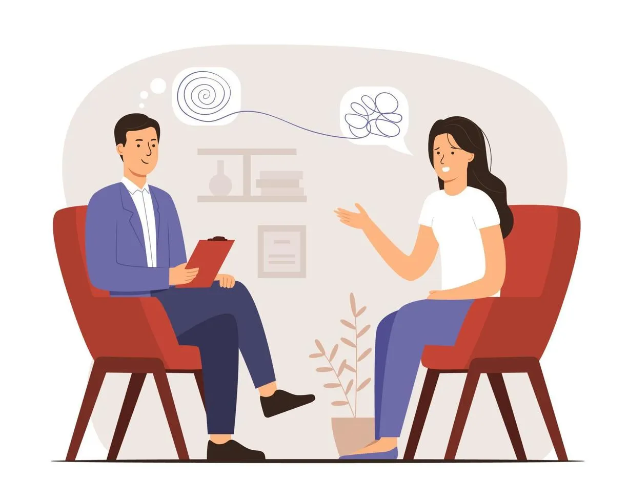 Илюстрация на психолог с клипборд и жена в кресла по време на консултация