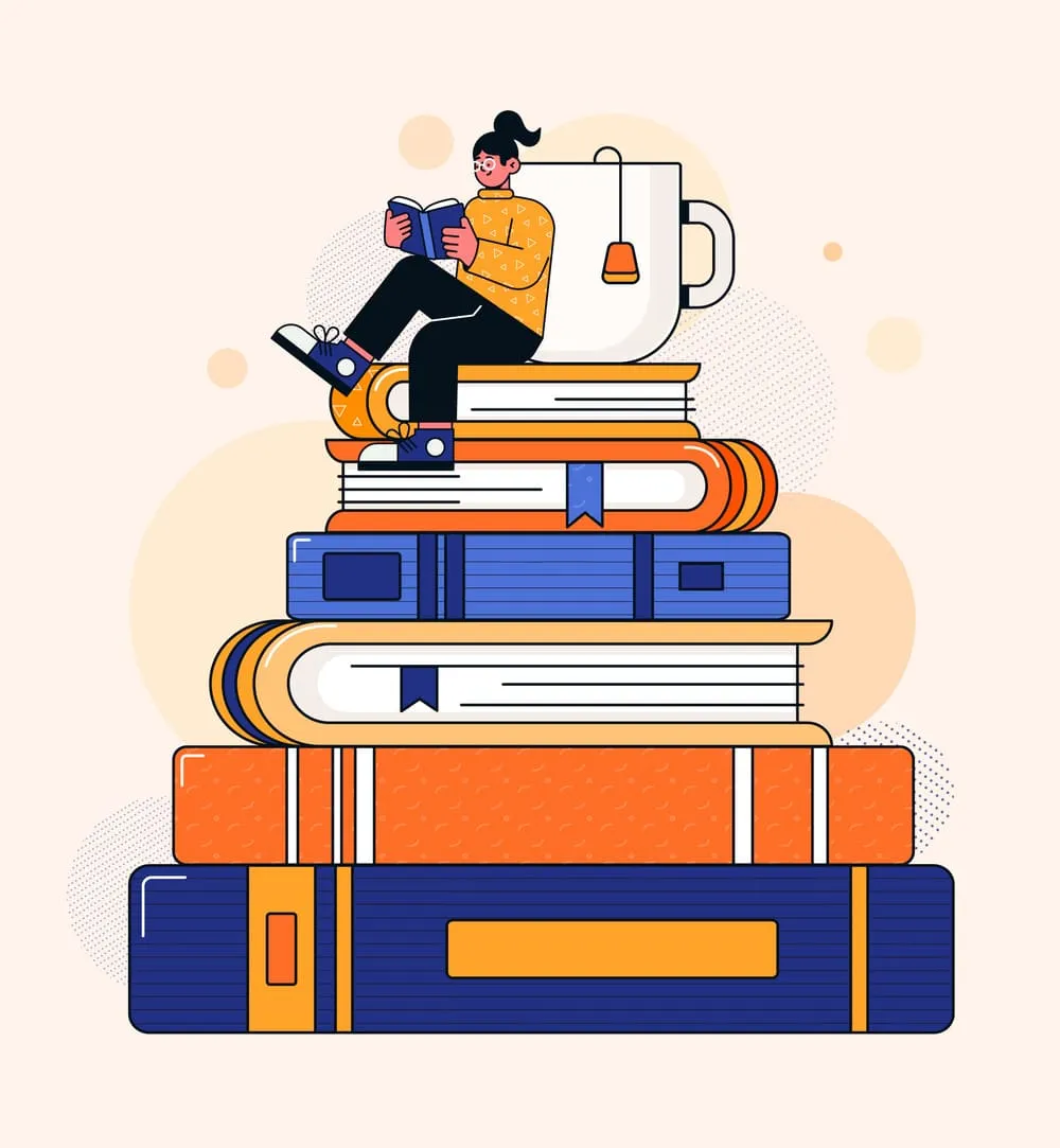 Илюстрация на жена, която чете върху висока купчина книги