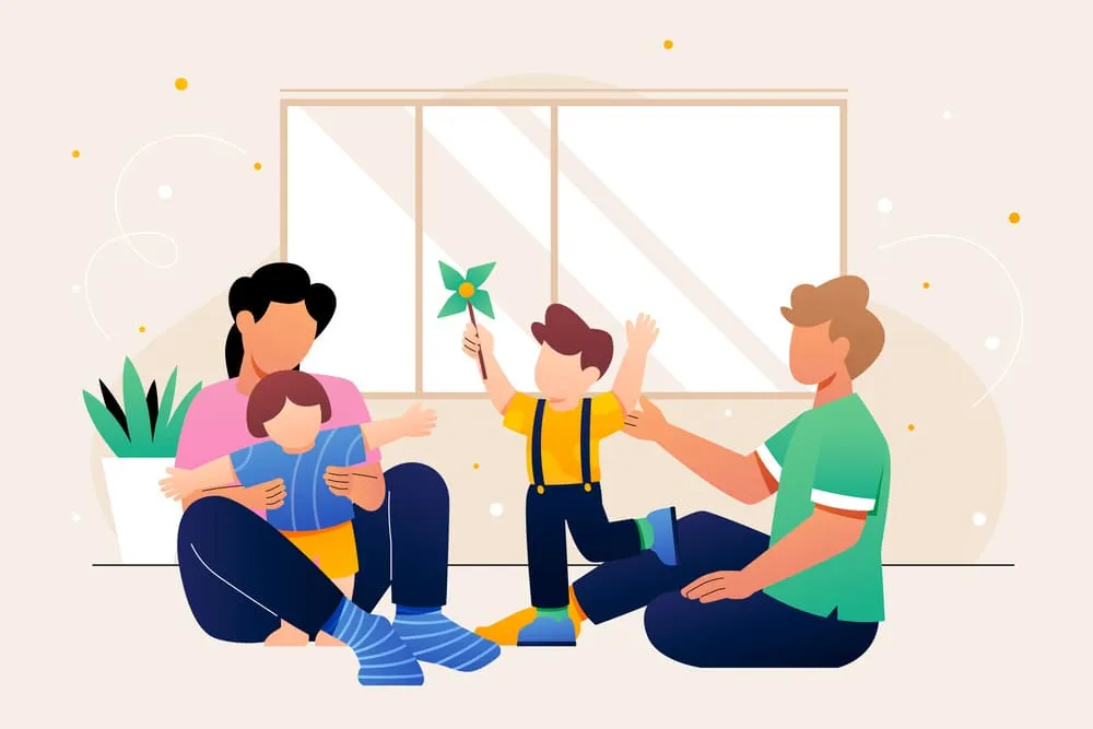 Илюстрация на родители, които играят с две деца у дома