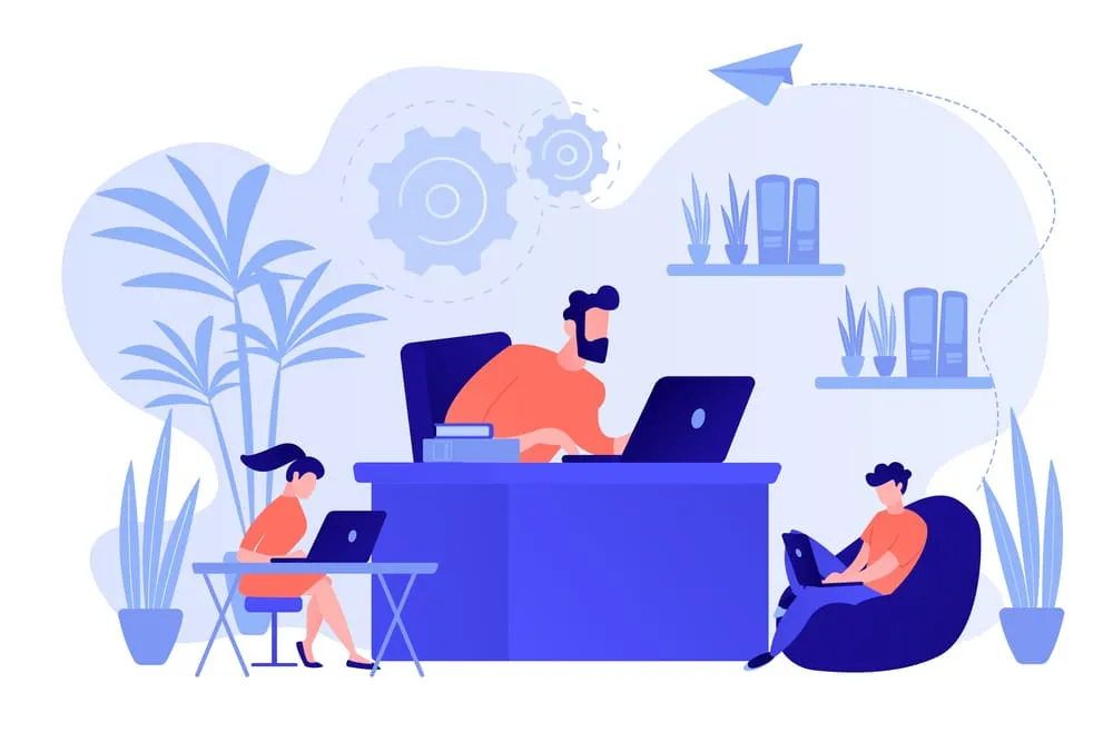 Илюстрация на мъж, жена и момче, работещи на лаптопи в офис