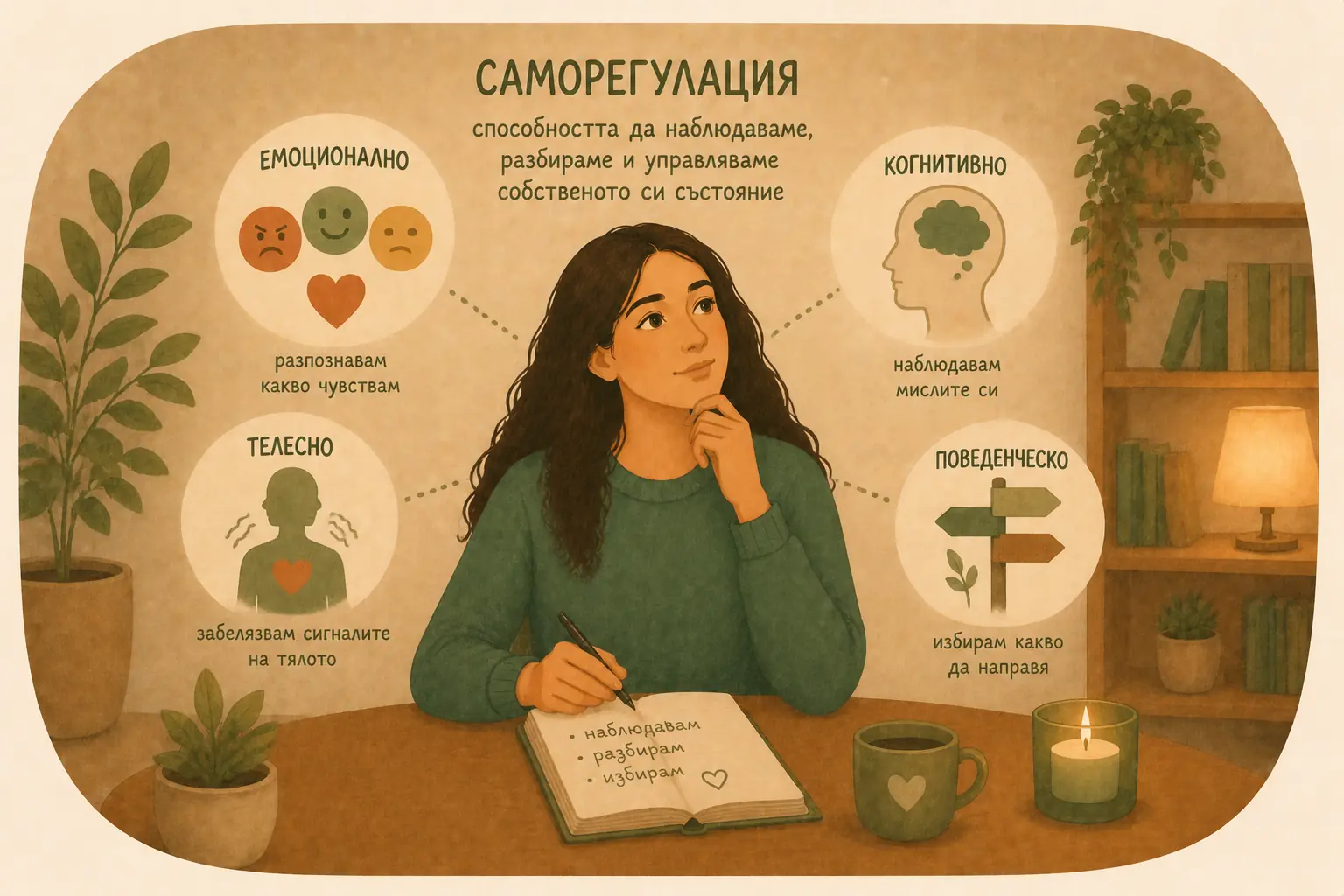 Инфографика за саморегулацията с емоционално, когнитивно, телесно и поведенческо ниво